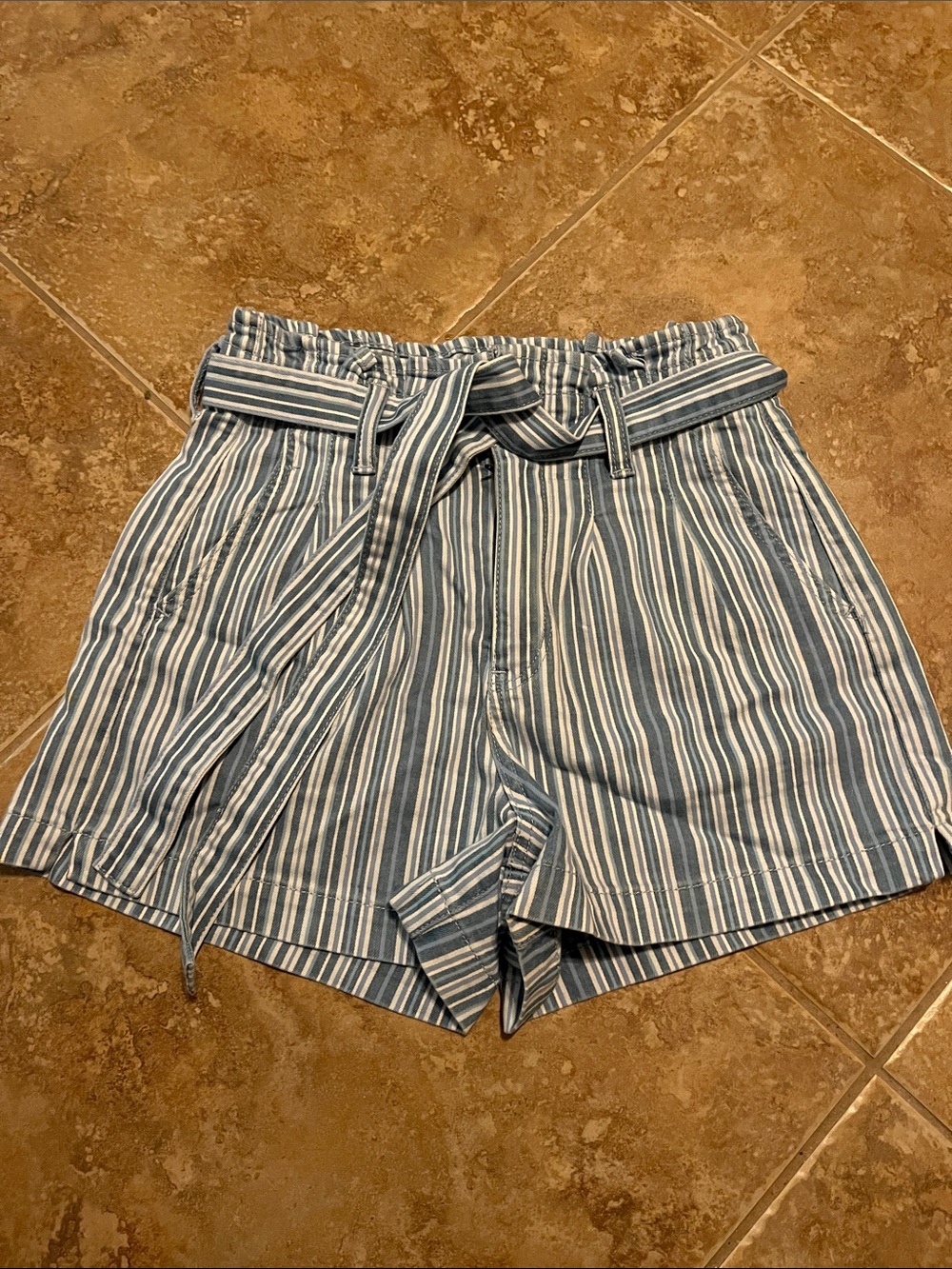 American Eagle Striped Blue Paperbag Waist Shorts with Tie Belt size 2